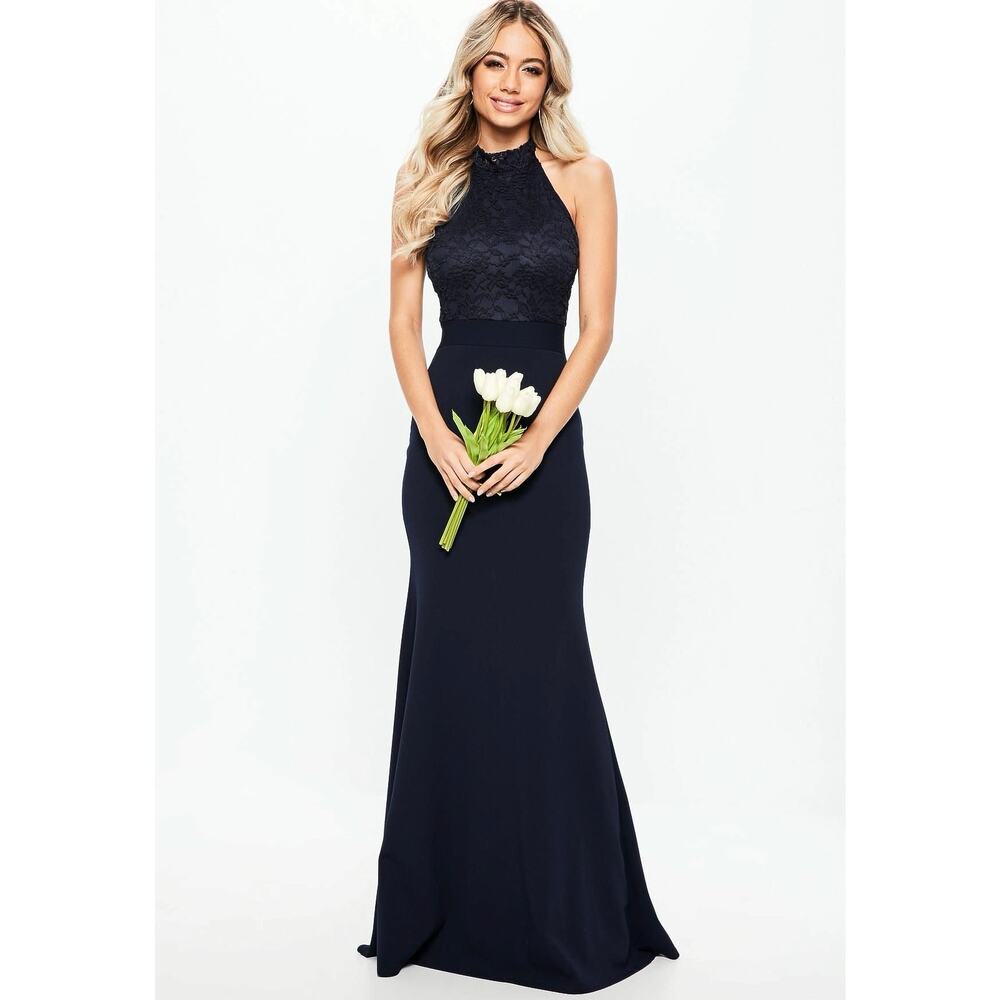 Missguided Navy Blue Lace Halter Sleeveless Cocktail Maxi Bridesmaid Dress Sz 2